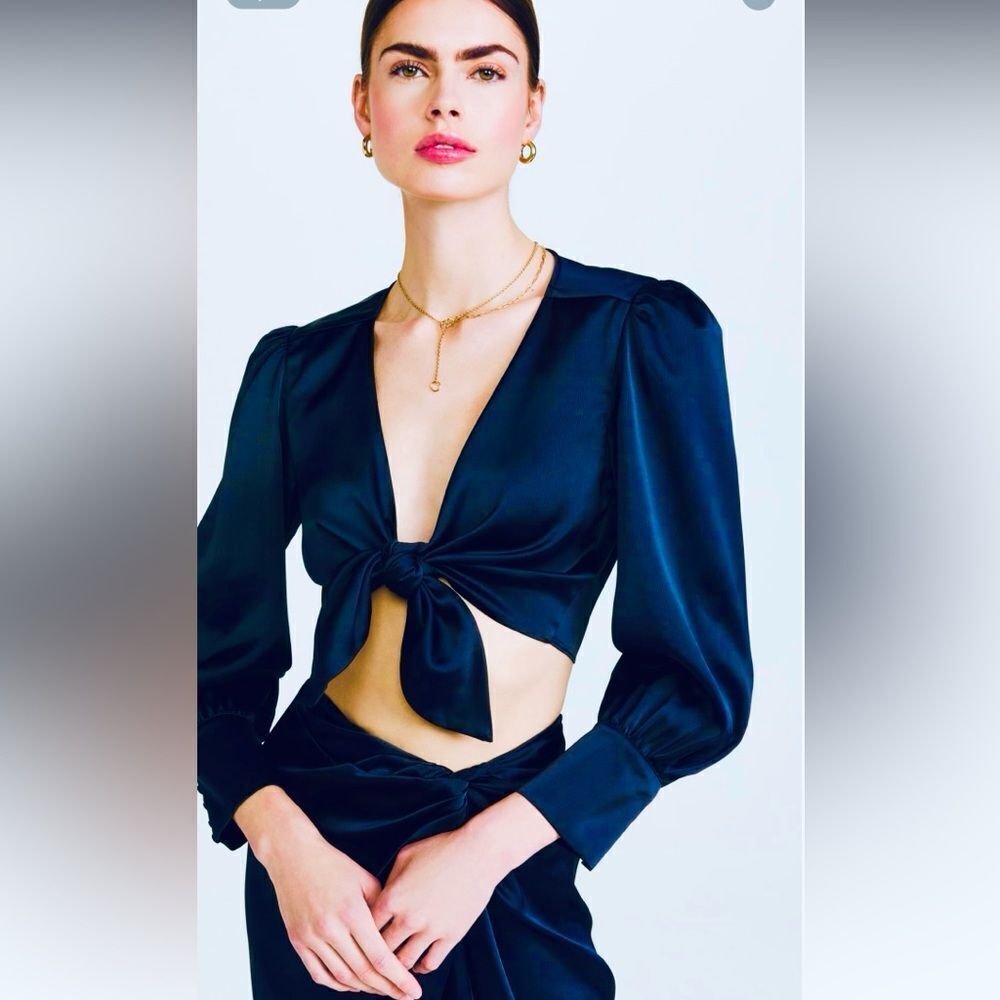 WAYF Blur Satin Wrap Crop Top Long Sleeve NWT